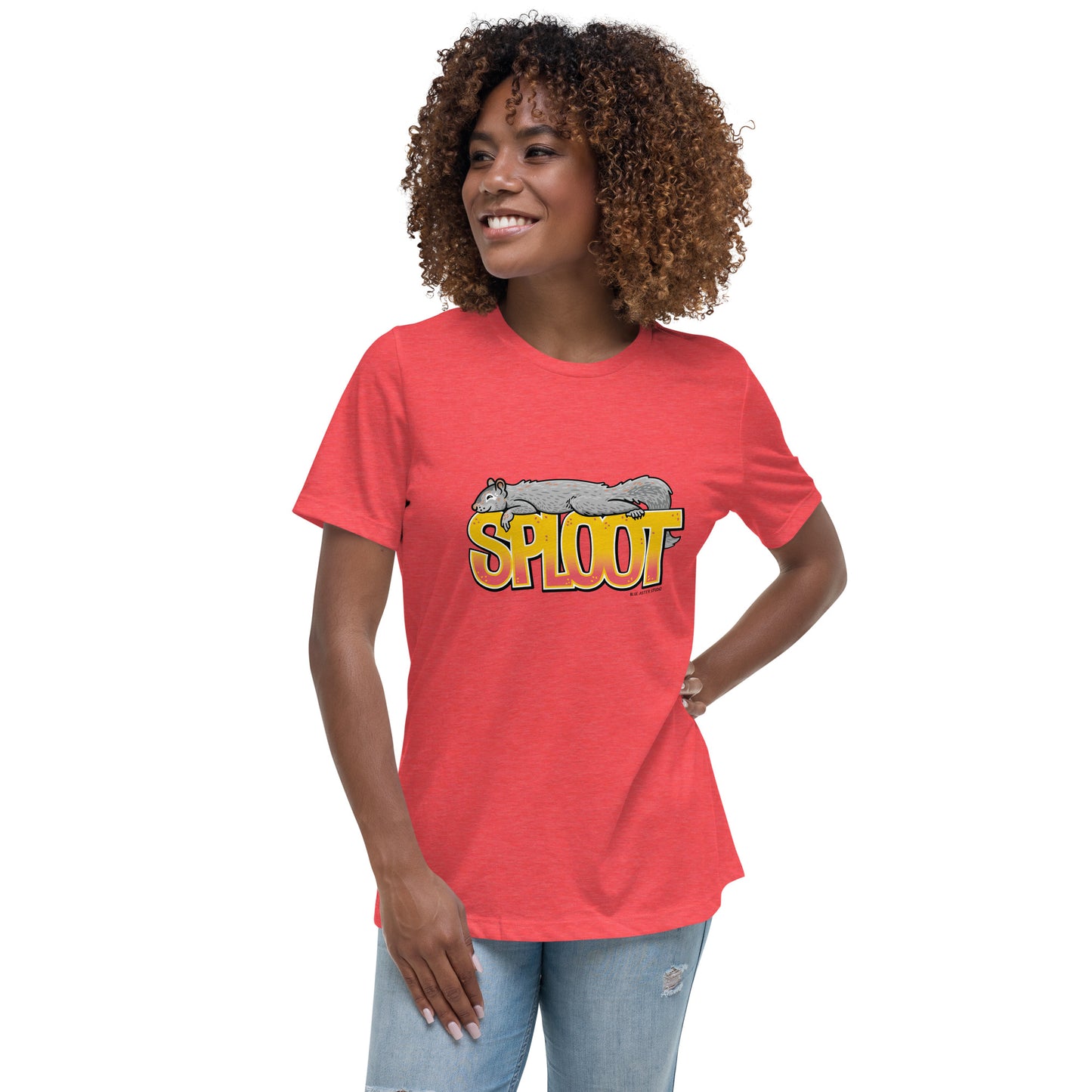 A woman showing off the heather red squirrel sploot short-sleeved t-shirt.