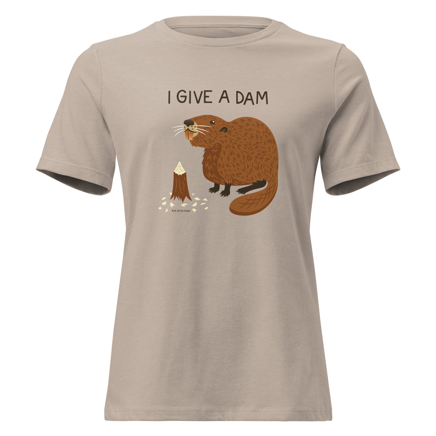 A heather stone women's relaxed fit t-shirt with an illustration of a beaver and the words I Give A Dam printed on the front.
