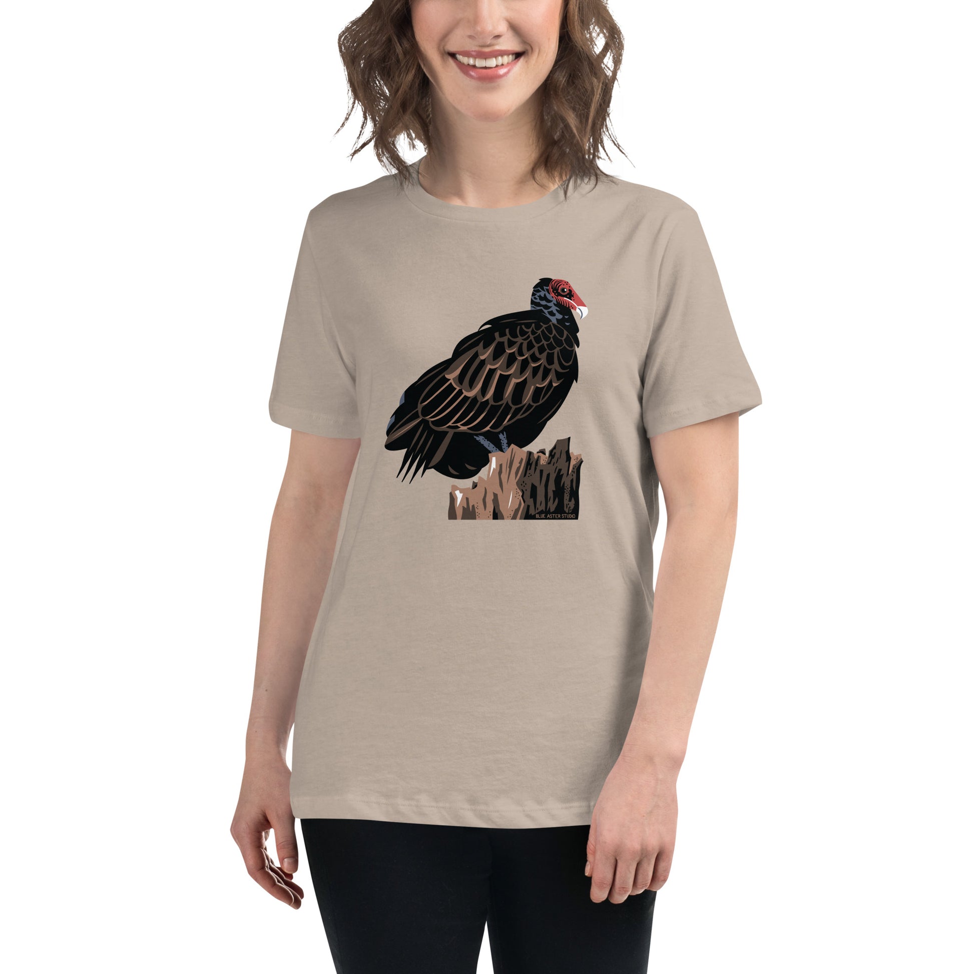A woman modeling the stone colored majestic turkey vulture t-shirt.