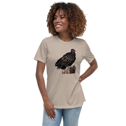 A model wearing the women's cut majestic turkey vulture t-shirt in stone.