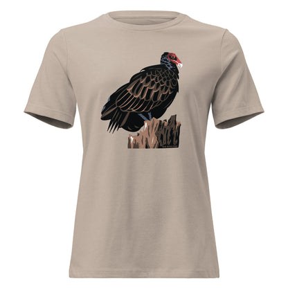 A stone colored t-shirt with a majestic turkey vulture printed on the front.