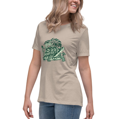 Model wearing a heather tan box turtle tee.