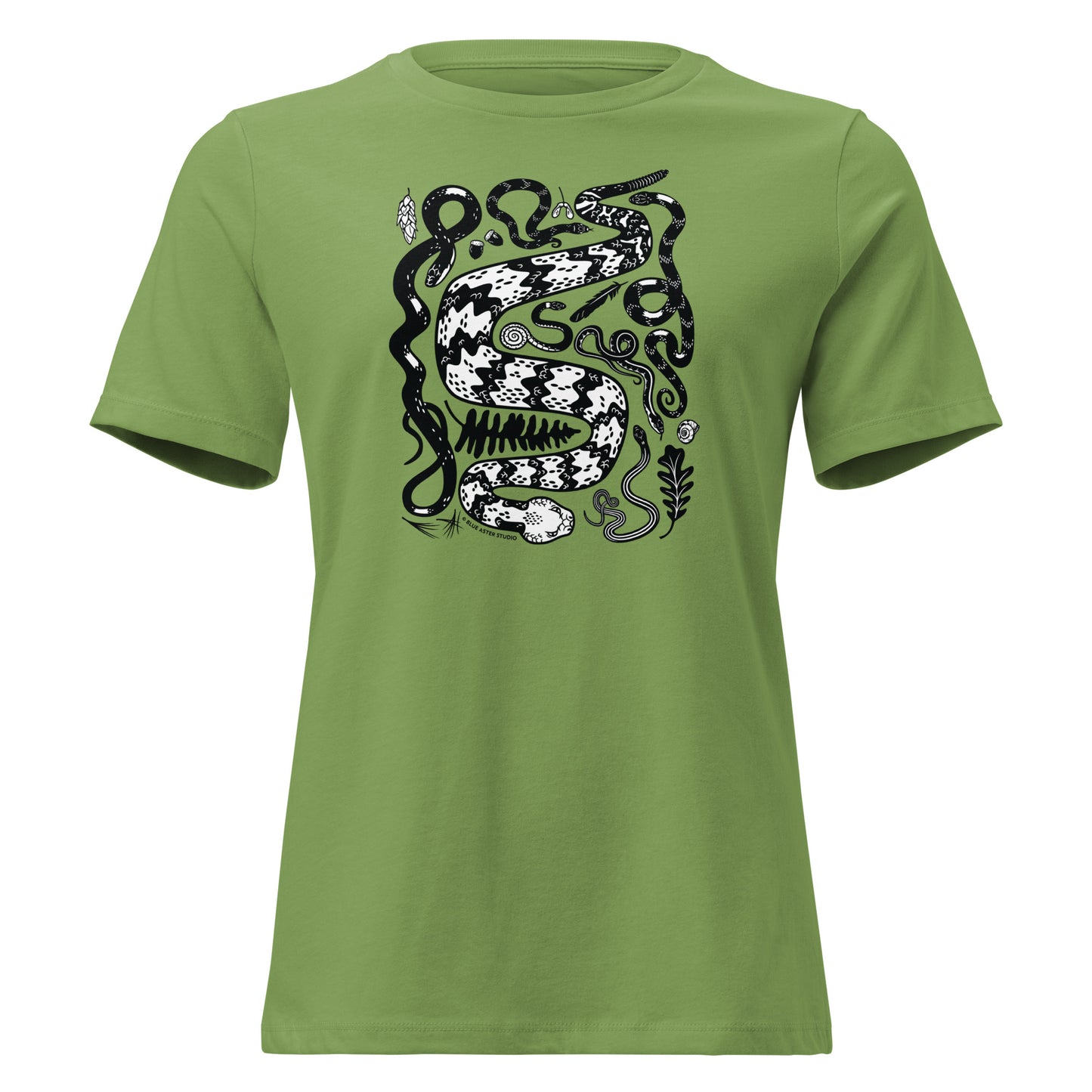 A leaf green short-sleeved t-shirt in heather blue with seven snakes printed on the front in black and white.