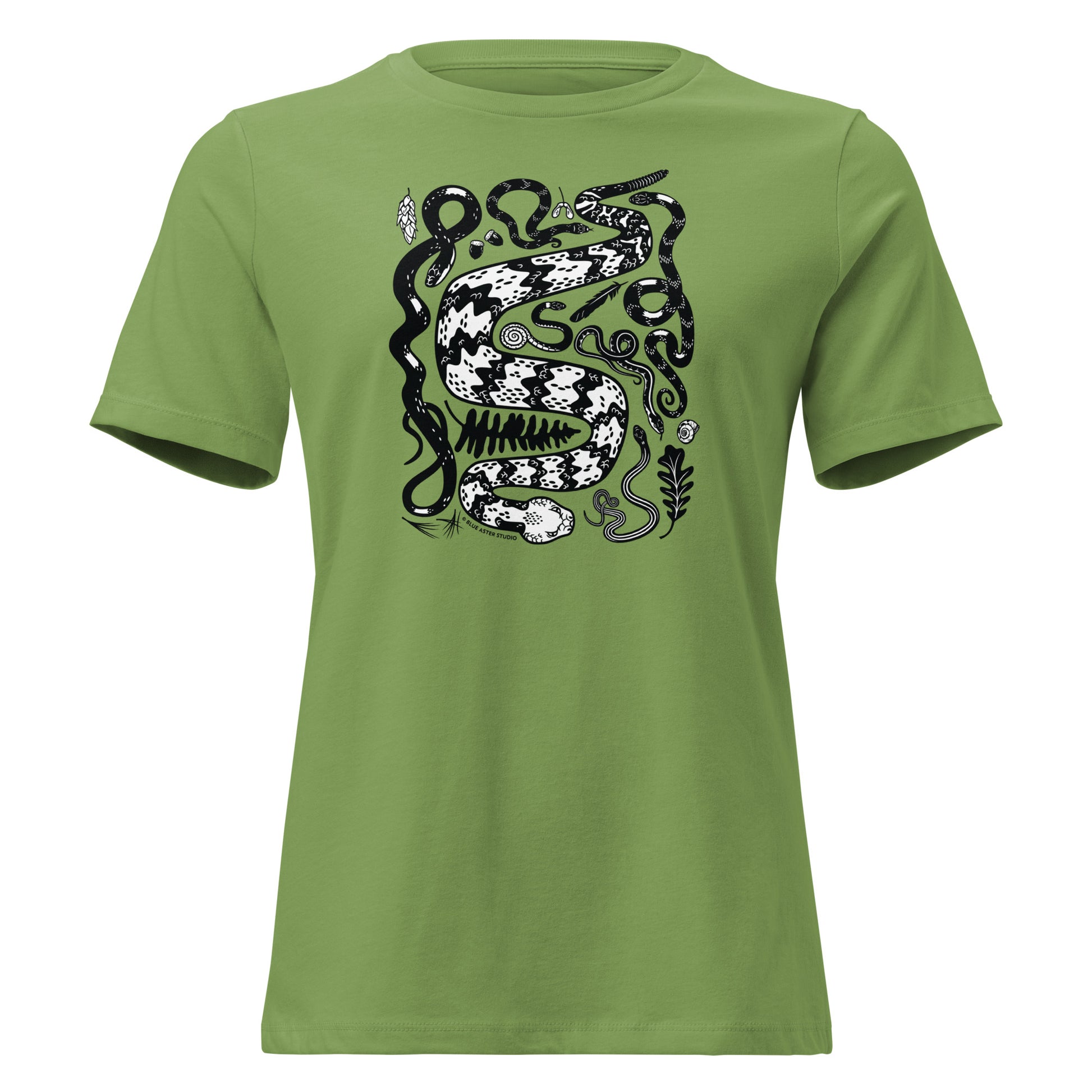 A leaf green short-sleeved t-shirt in heather blue with seven snakes printed on the front in black and white.
