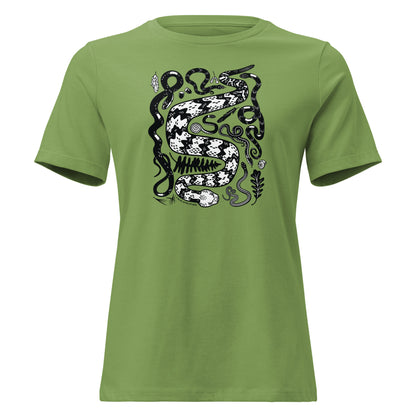A leaf green short-sleeved t-shirt in heather blue with seven snakes printed on the front in black and white.