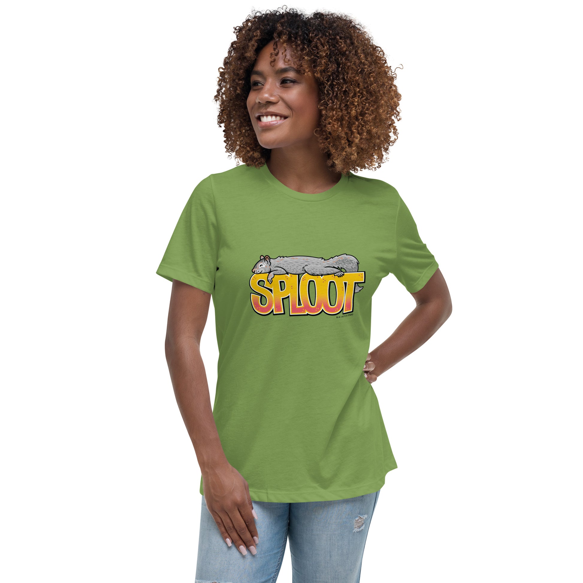 A woman showing off the green squirrel sploot short-sleeved t-shirt.