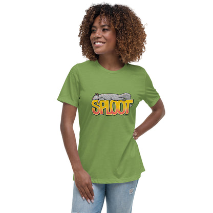 A woman showing off the green squirrel sploot short-sleeved t-shirt.