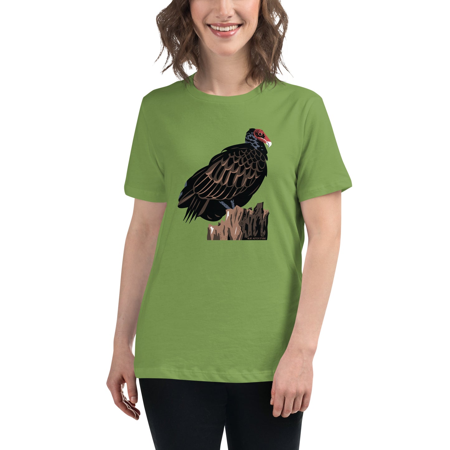 Woman modeling the green majestic turkey vulture t-shirt.