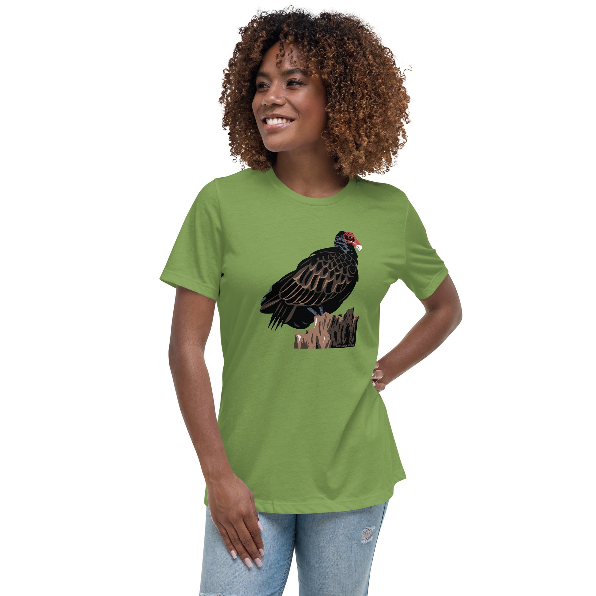 A model showing off the women's cut majestic turkey vulture short-sleeved t-shirt.
