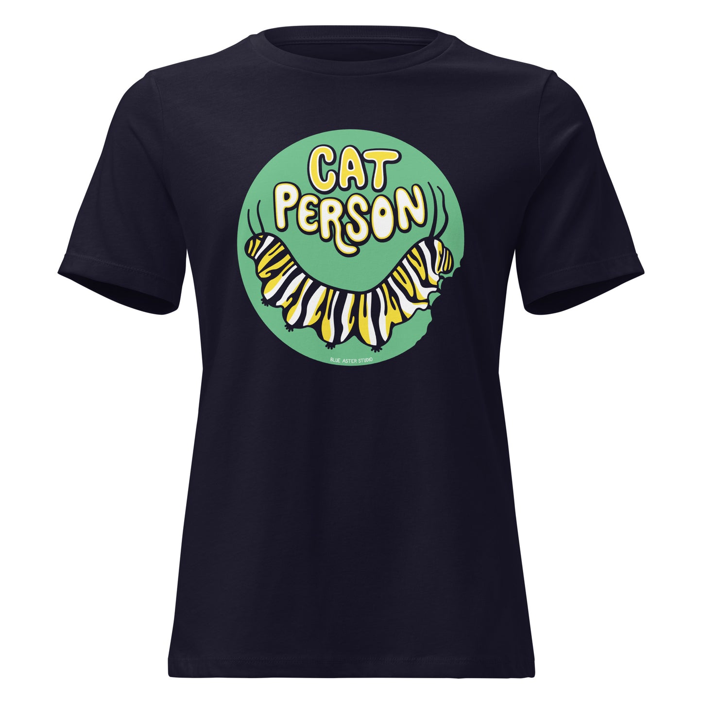 A black t-shirt with a green circular design of the text Cat Person above a monarch caterpillar, which is munching at the circle.