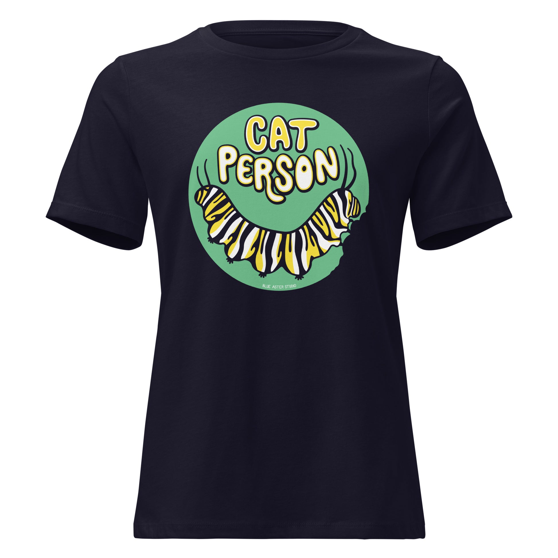 A black t-shirt with a green circular design of the text Cat Person above a monarch caterpillar, which is munching at the circle.