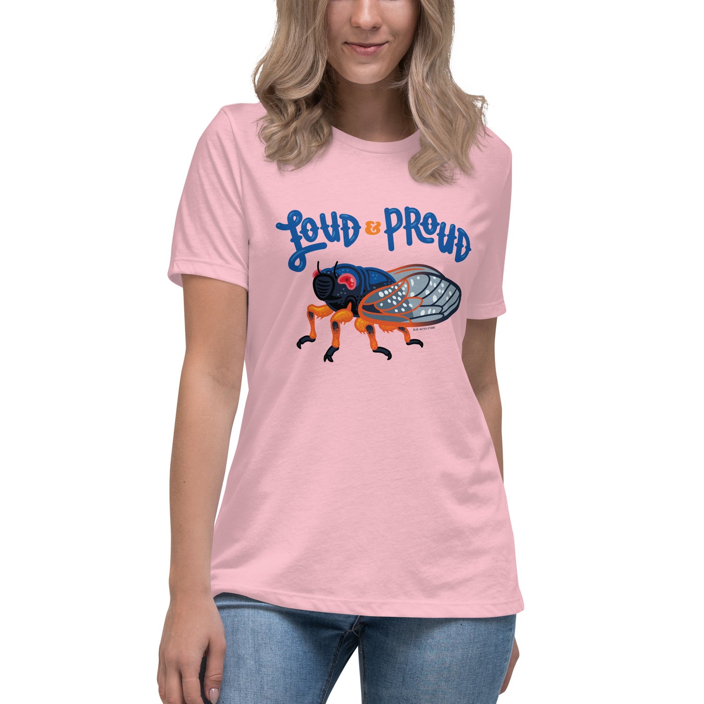 A woman models the Loud & Proud cicada t-shirt in pink.