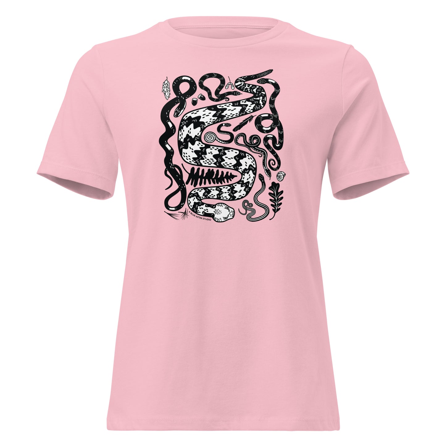 A pink short-sleeved t-shirt in heather blue with seven snakes printed on the front in black and white.