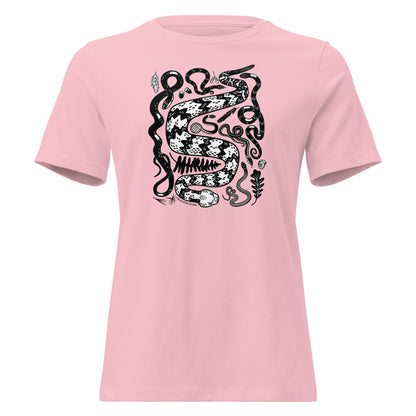 A pink short-sleeved t-shirt in heather blue with seven snakes printed on the front in black and white.