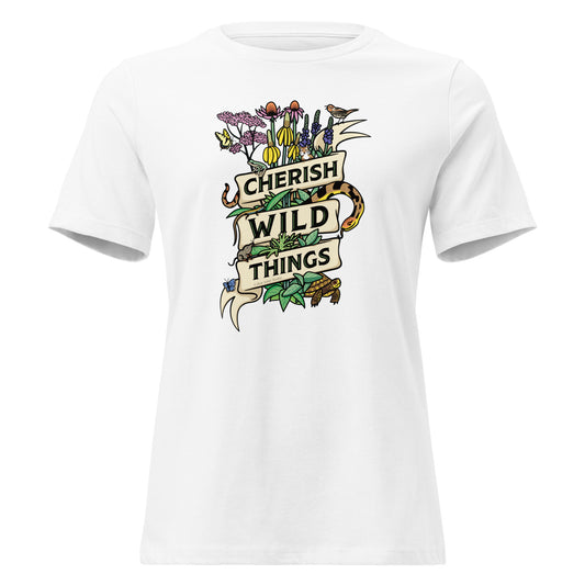 A white ladies cut Cherish Wild Things t-shirt.