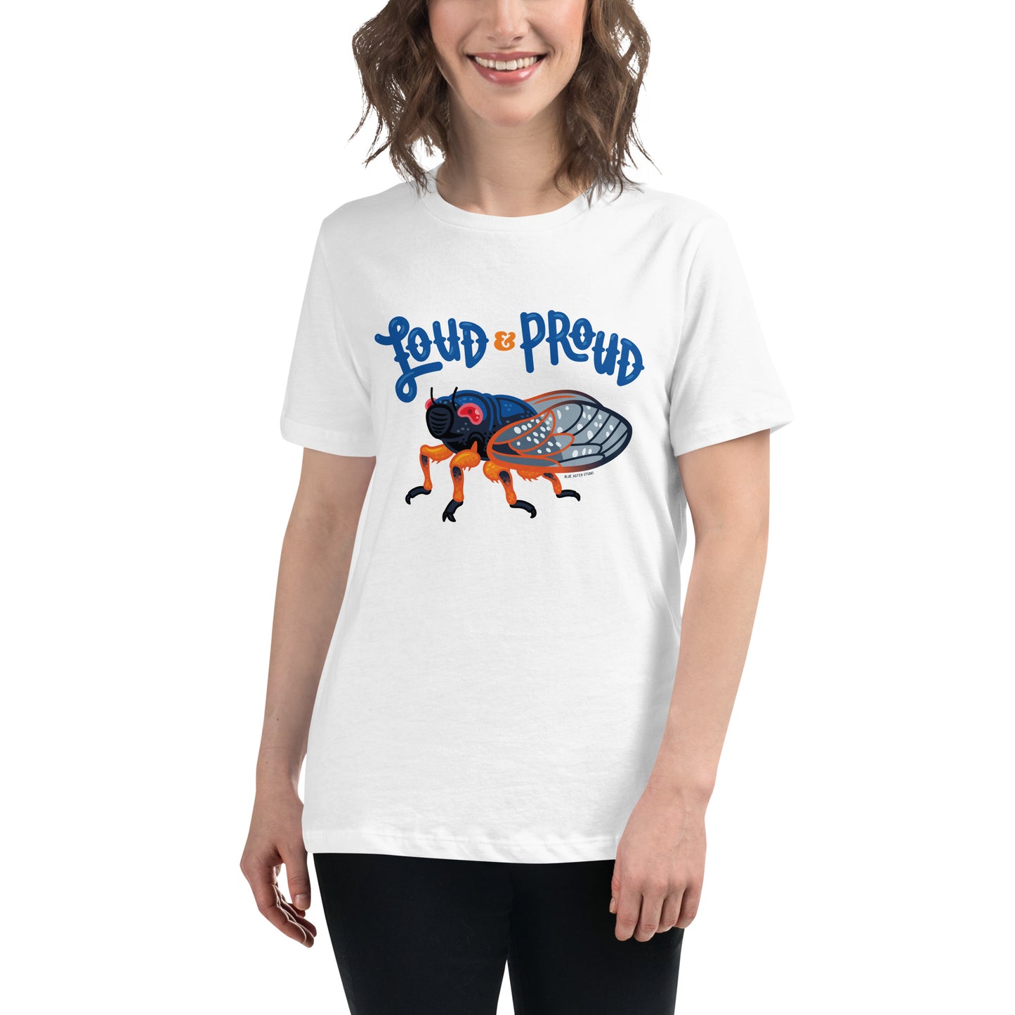 A woman shows off a white cicada t-shirt.