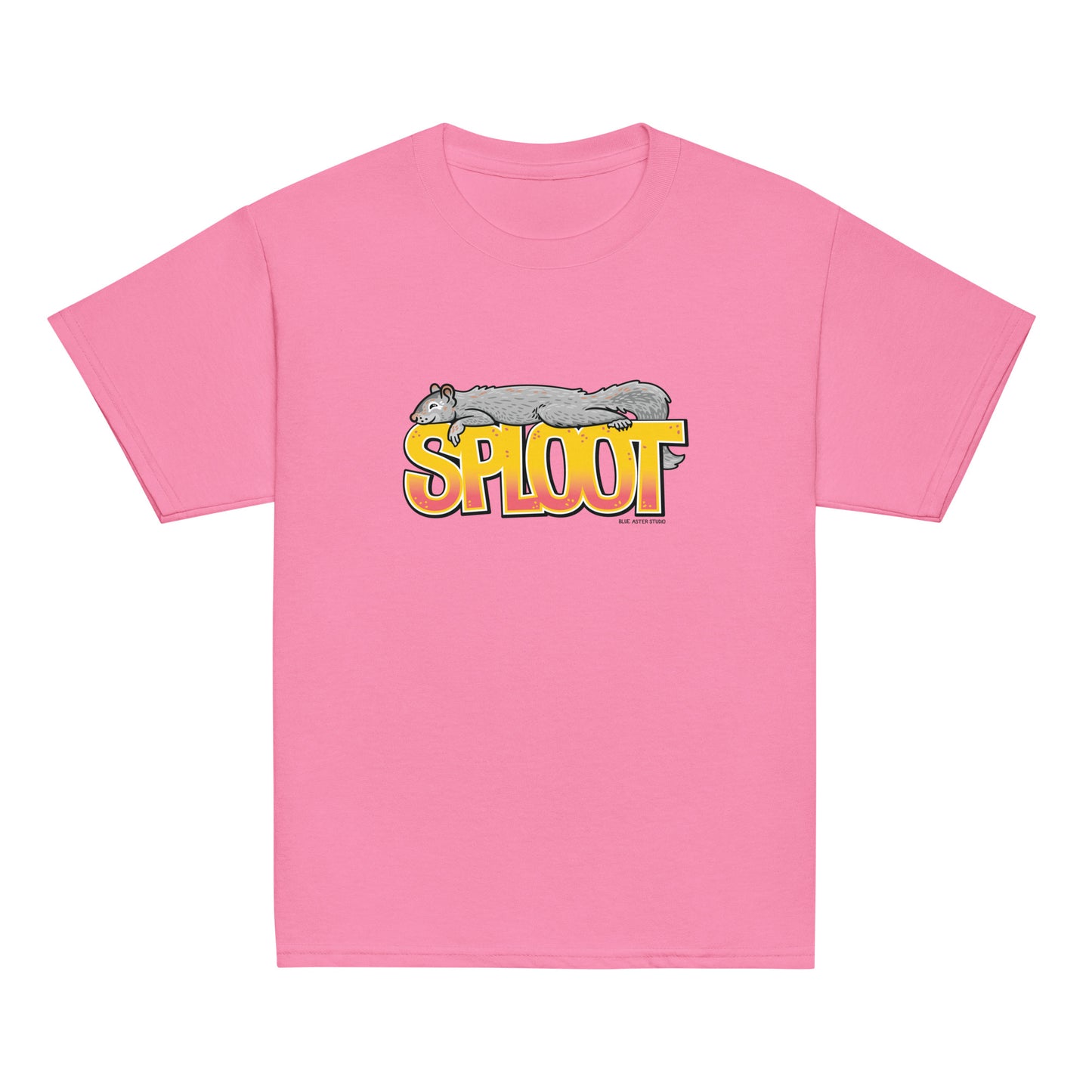A squirrel sploot t-shirt in a pink azalea color.