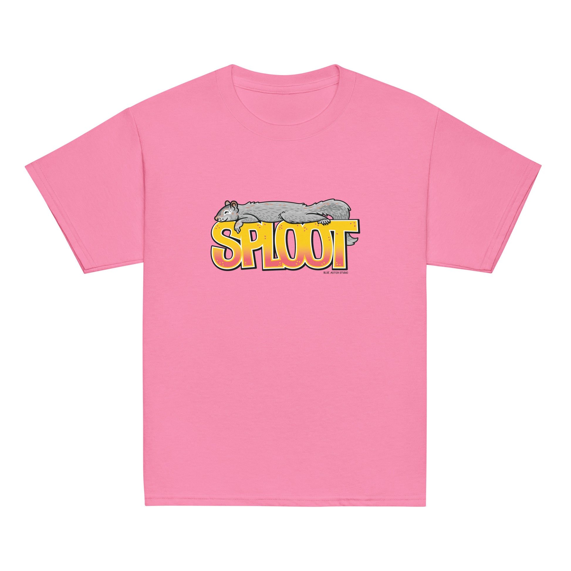 A squirrel sploot t-shirt in a pink azalea color.