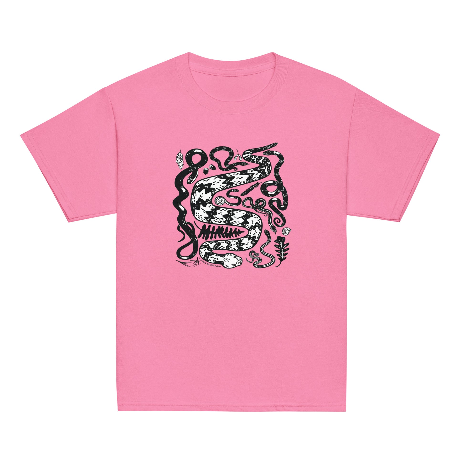 A youth sized pink short-sleeved t-shirt with seven snakes printed on the front in black and white.