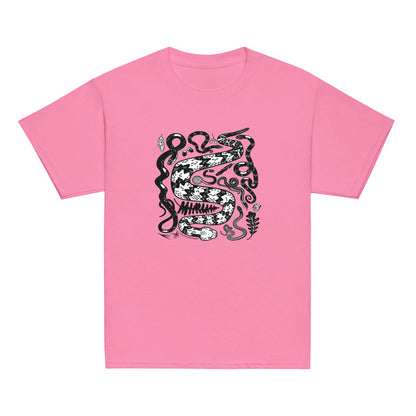 A youth sized pink short-sleeved t-shirt with seven snakes printed on the front in black and white.