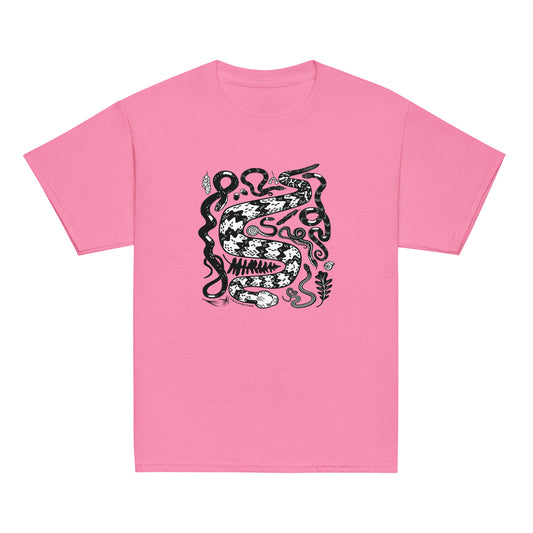 A youth sized pink short-sleeved t-shirt with seven snakes printed on the front in black and white.