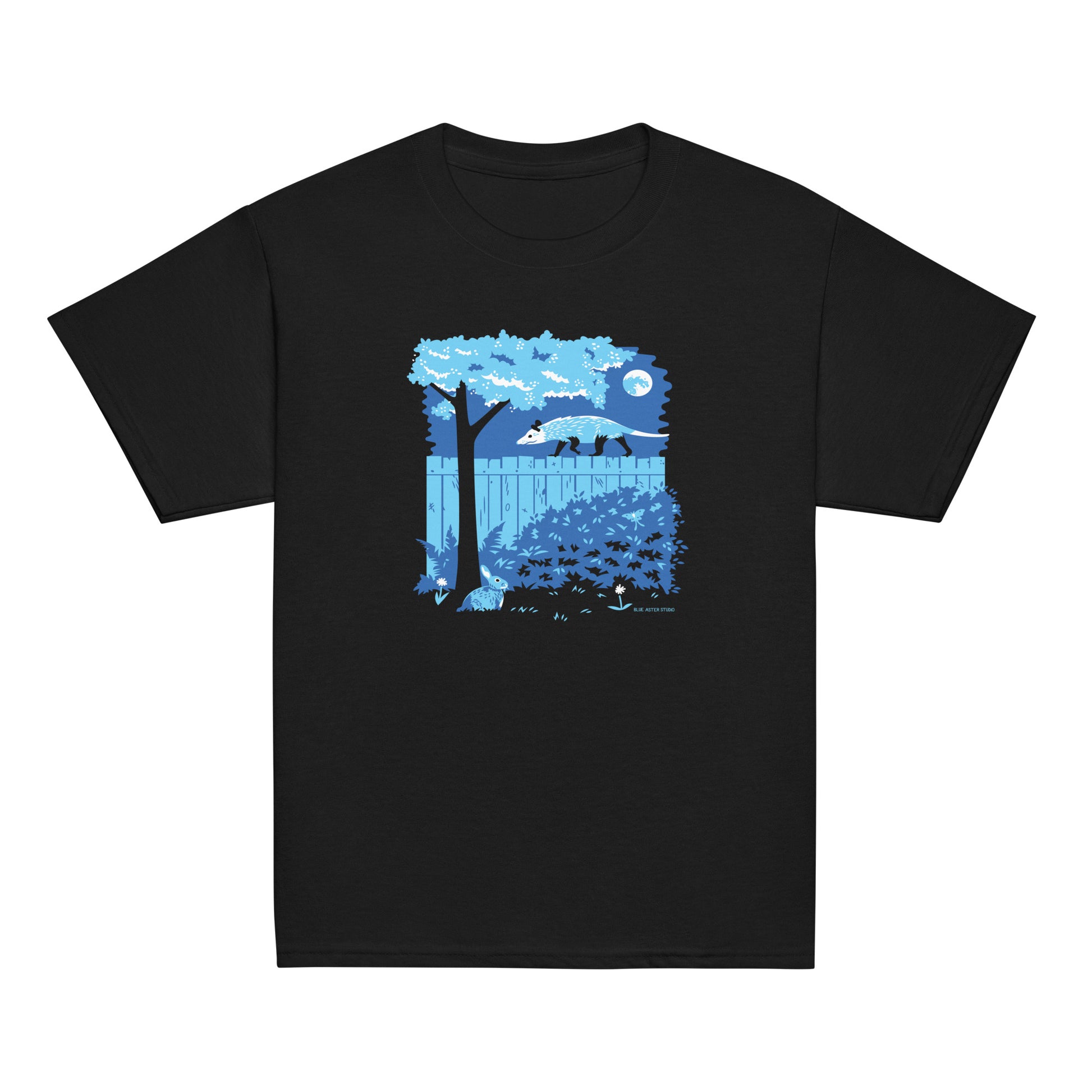 A black youth sized short-sleeved t-shirt with an image of an opossum walking on a moonlit fence while a rabbit and a luna moth watch printed on the front.