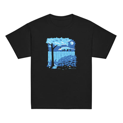 A black youth sized short-sleeved t-shirt with an image of an opossum walking on a moonlit fence while a rabbit and a luna moth watch printed on the front.