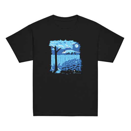 A black youth sized short-sleeved t-shirt with an image of an opossum walking on a moonlit fence while a rabbit and a luna moth watch printed on the front.