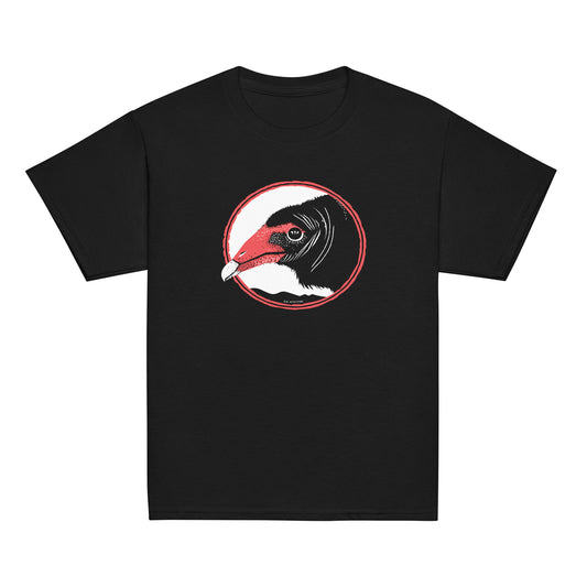 A youth t-shirt with an image of a turkey vulture on the front.