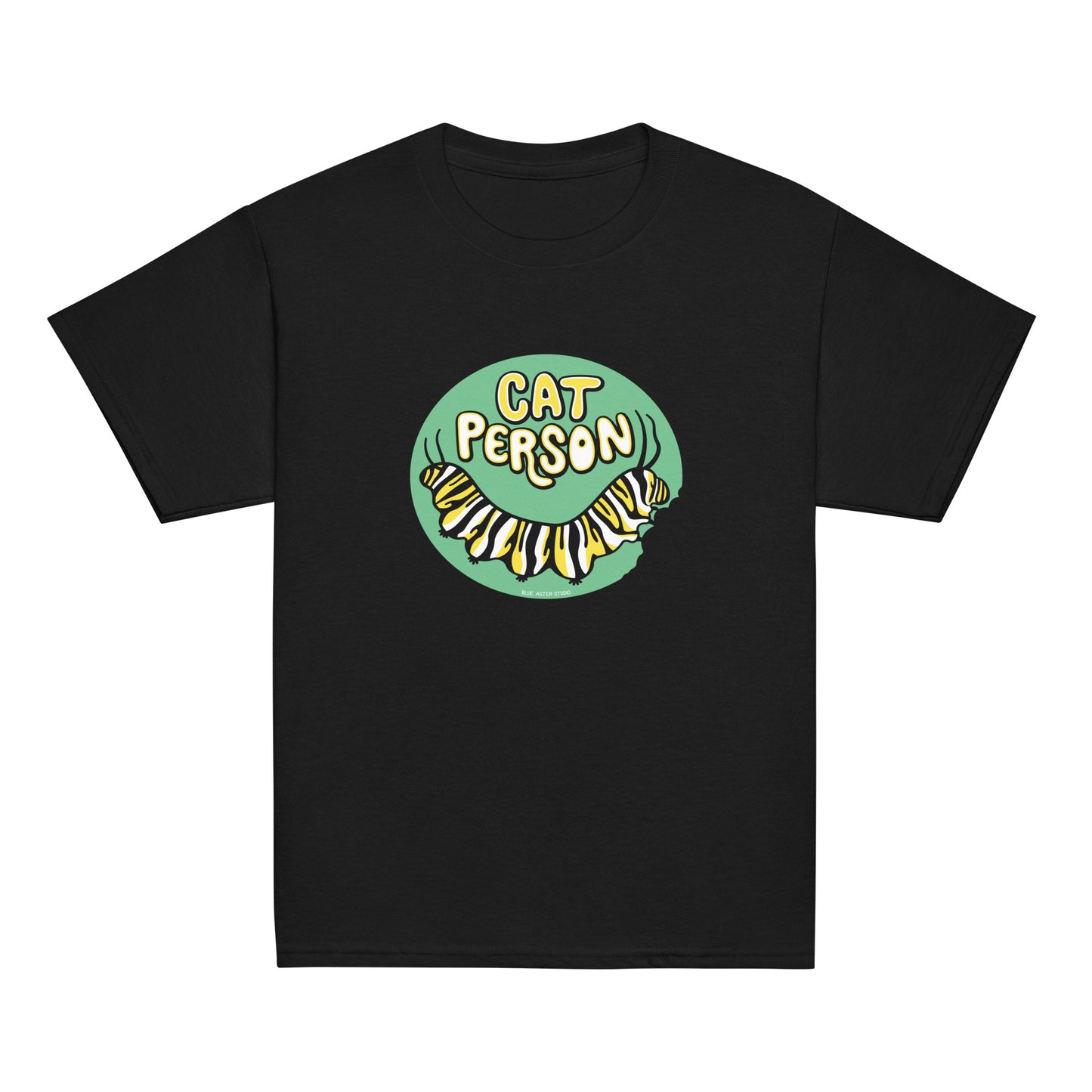 A youth sized black t-shirt with a green circular design of the text Cat Person above a monarch caterpillar, which is munching at the circle.