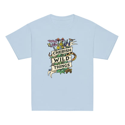 A light blue youth t-shirt with the Cherish Wild Things design on it.