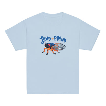 A youth t-shirt in light blue with a graphic of a periodical cicada and the text "Loud & Proud."