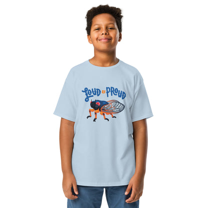 A child model wearing the light blue cicada t-shirt