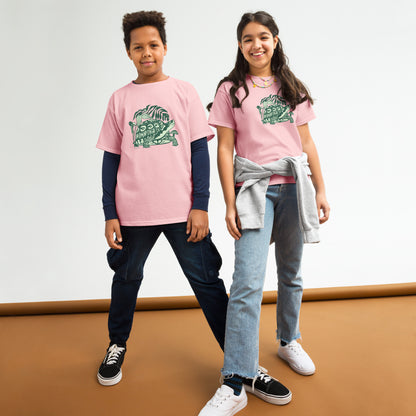 Two kids sporting pink tees with box turtle designs on the front.