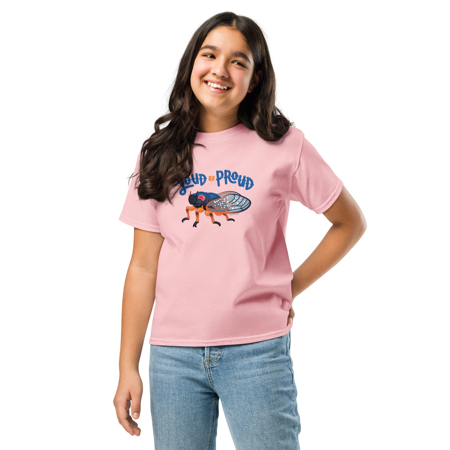 A girl wearing a pink t-shirt with a cicada on it.
