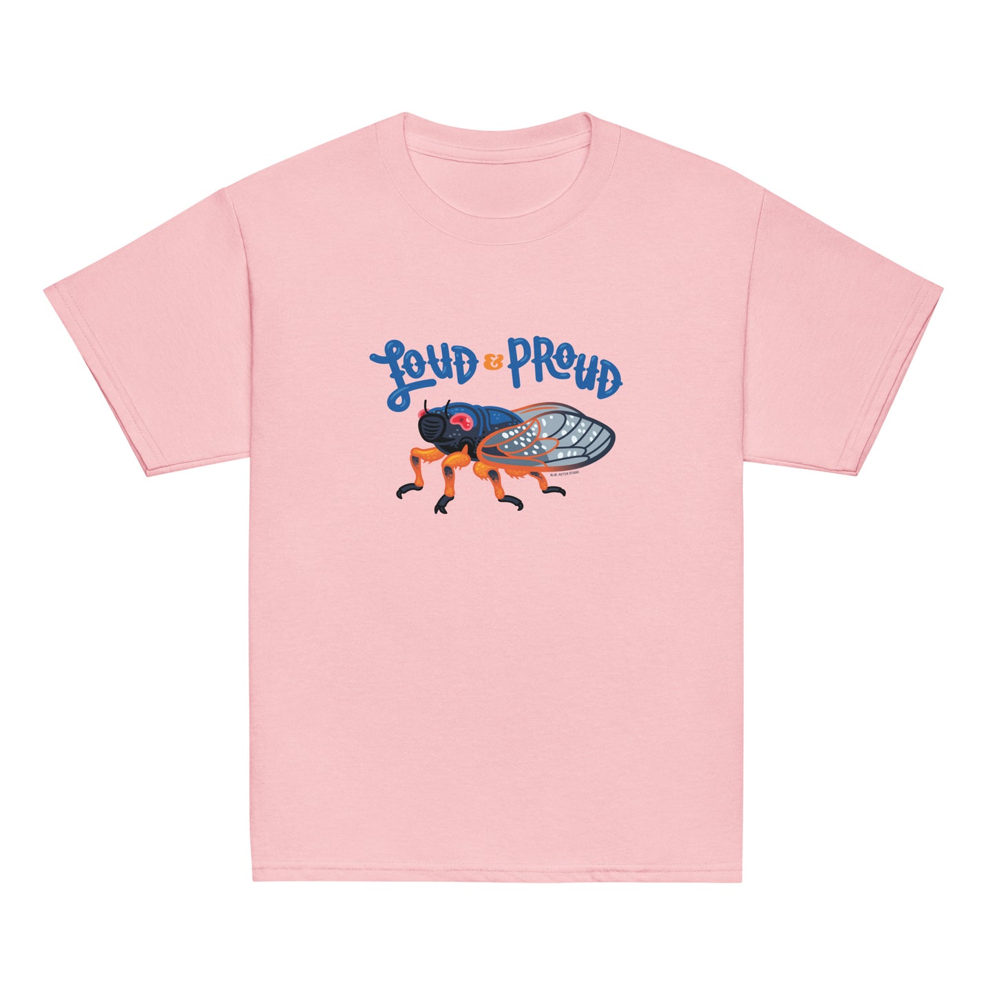 A youth t-shirt in pink with a graphic of a periodical cicada and the text "Loud & Proud."