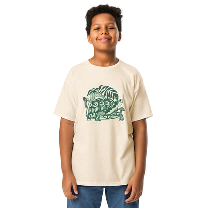 A boy modeling an off-white tee with a box turtle design on the front.