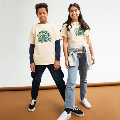 Two kids wearing off-white box turtle t-shirts.