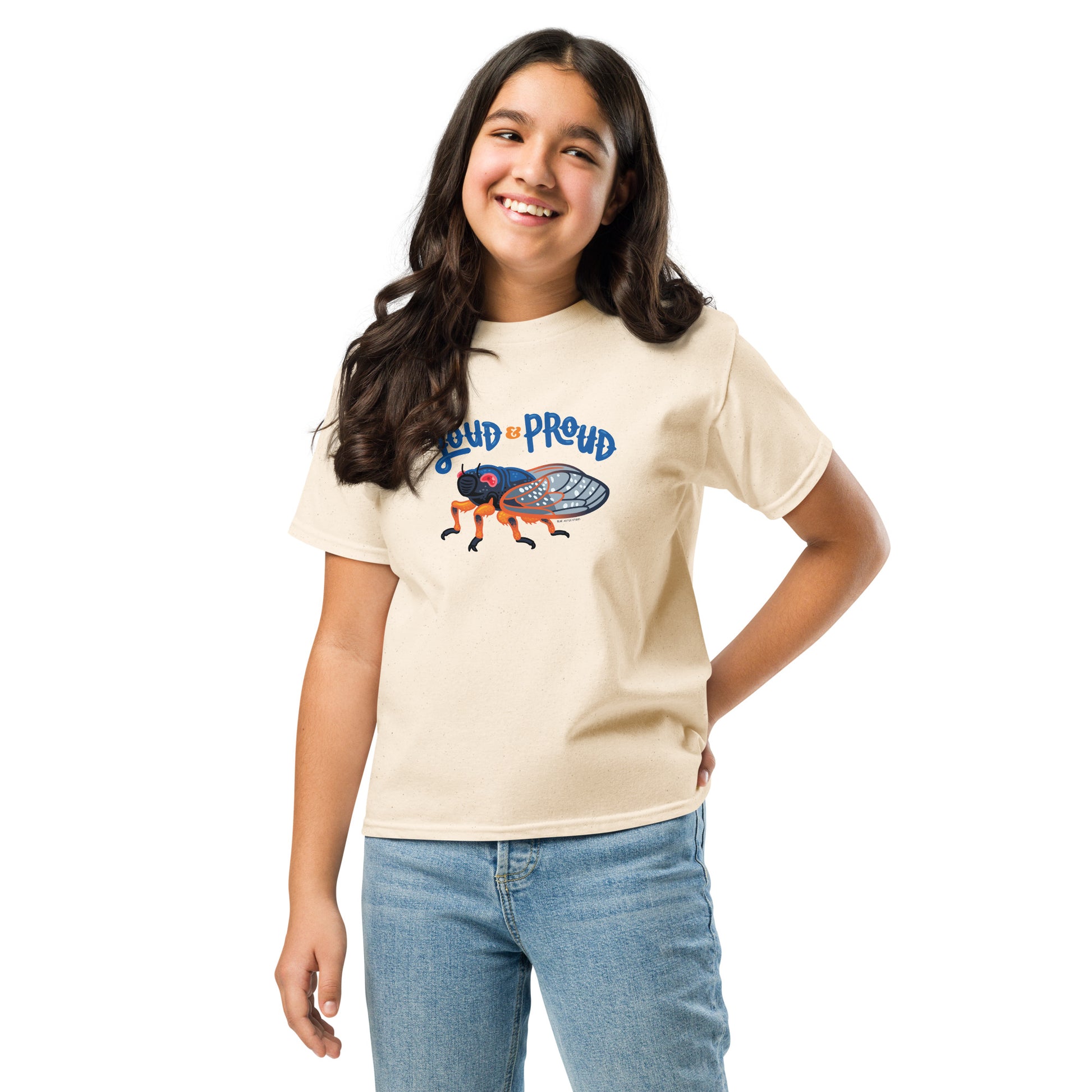 A girl wearing an off-white cicada t-shirt