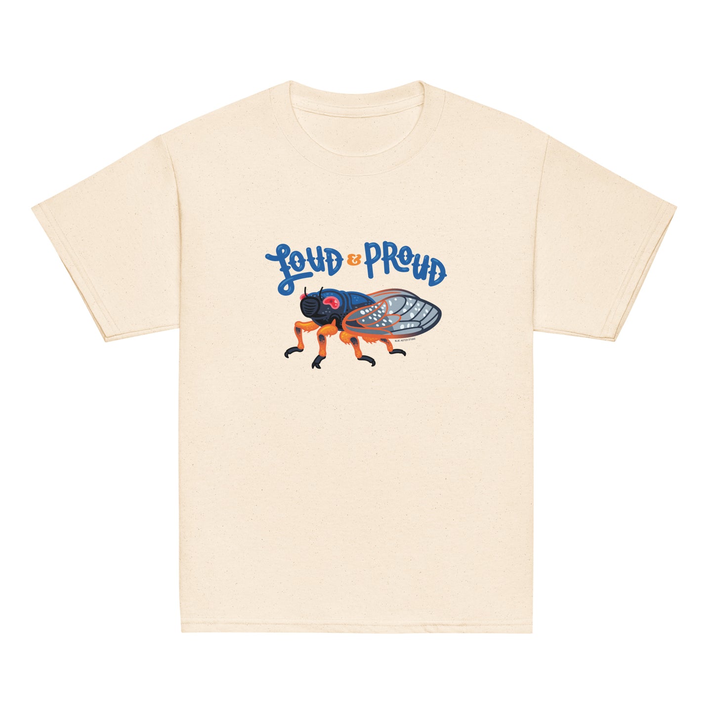 A youth t-shirt in creme color with a graphic of a periodical cicada and the text "Loud & Proud."