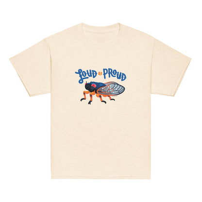 A youth t-shirt in creme color with a graphic of a periodical cicada and the text "Loud & Proud."