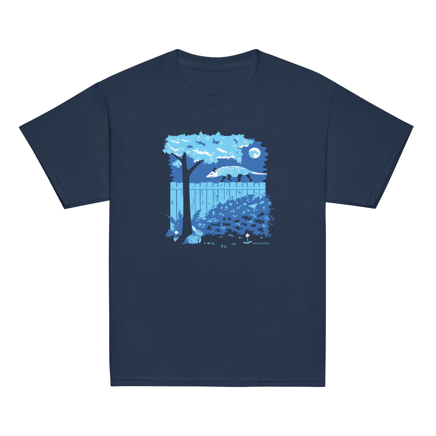 A navy youth sized short-sleeved t-shirt with an image of an opossum walking on a moonlit fence while a rabbit and a luna moth watch printed on the front.