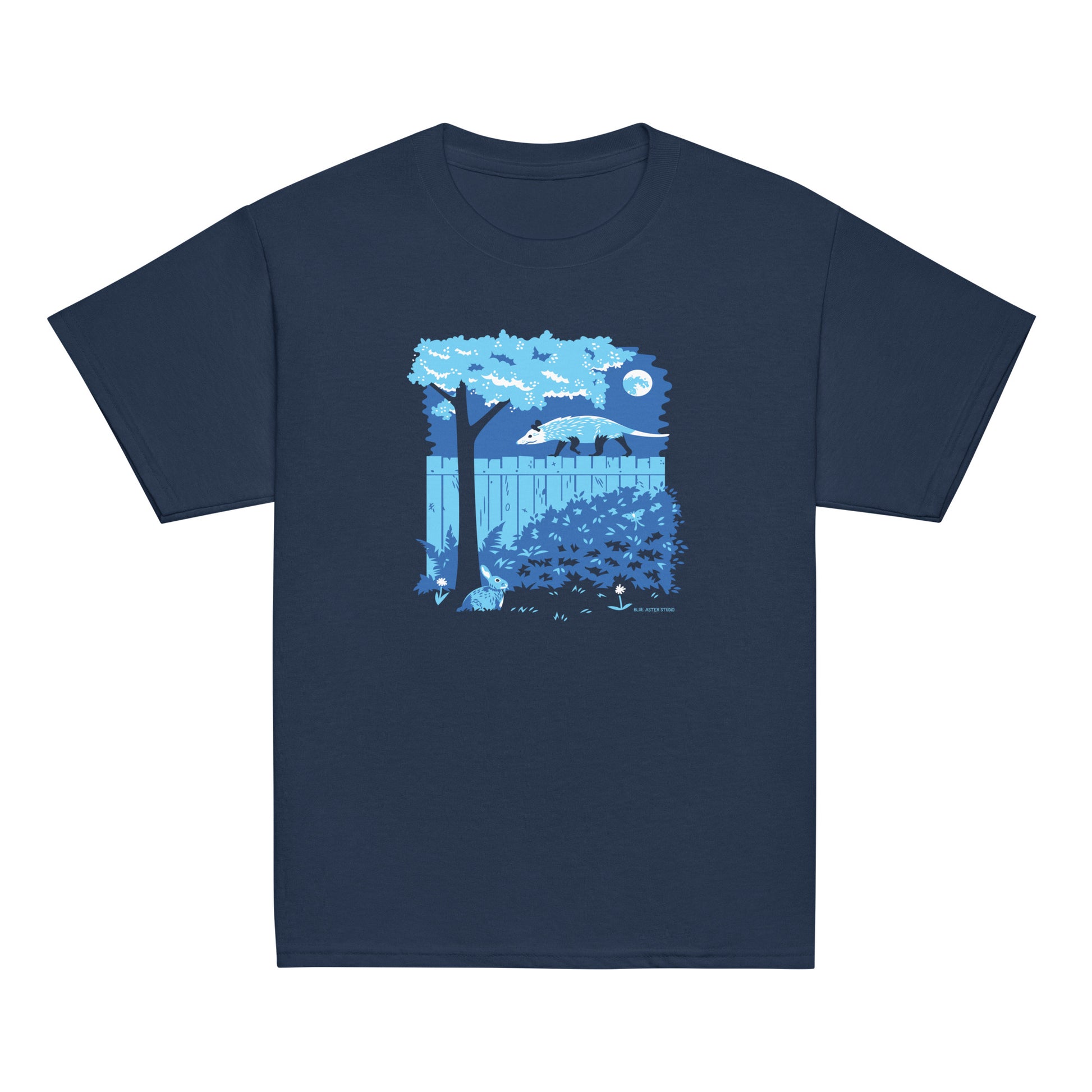 A navy youth sized short-sleeved t-shirt with an image of an opossum walking on a moonlit fence while a rabbit and a luna moth watch printed on the front.