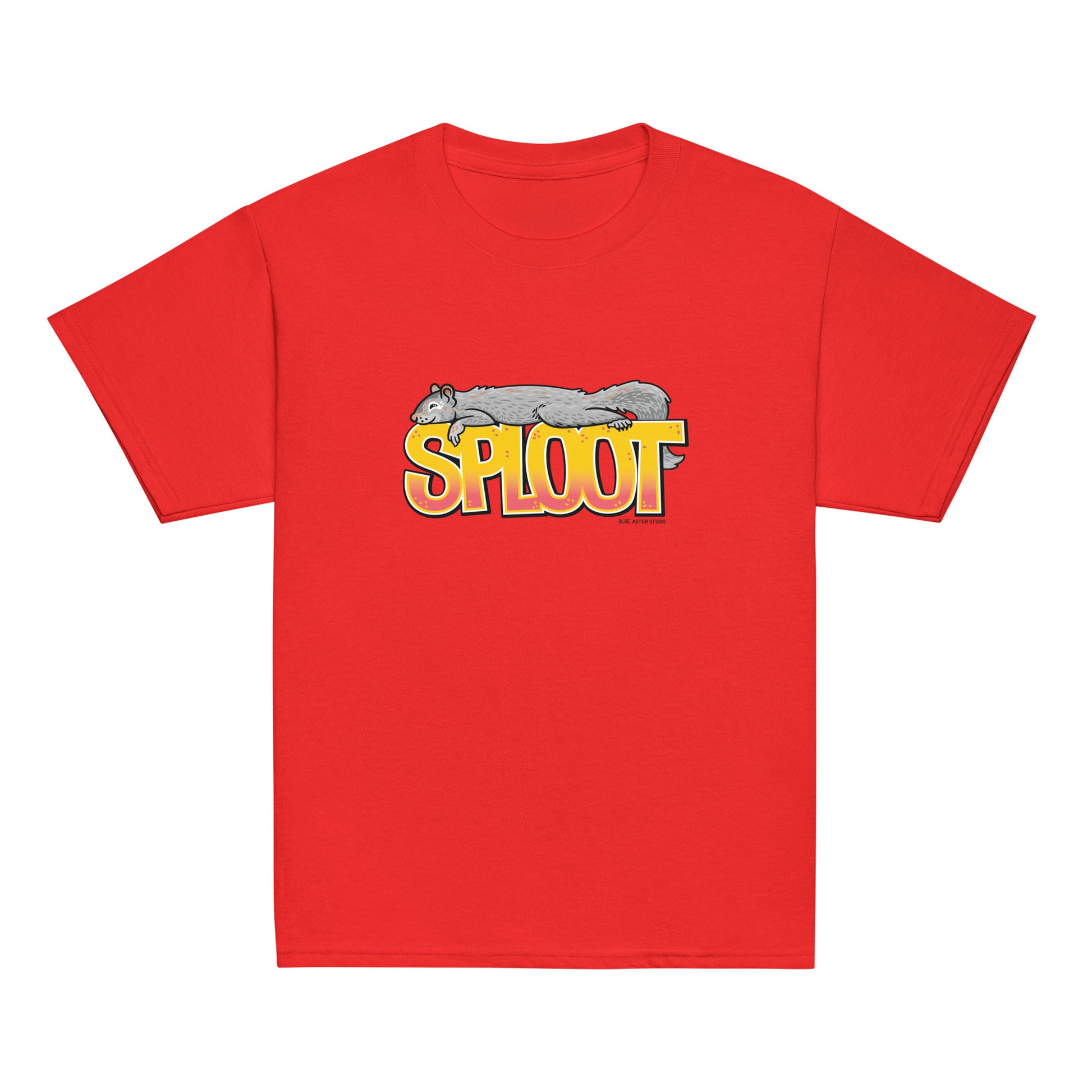 The squirrel sploot youth t-shirt in red.