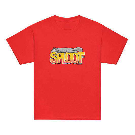 The squirrel sploot youth t-shirt in red.
