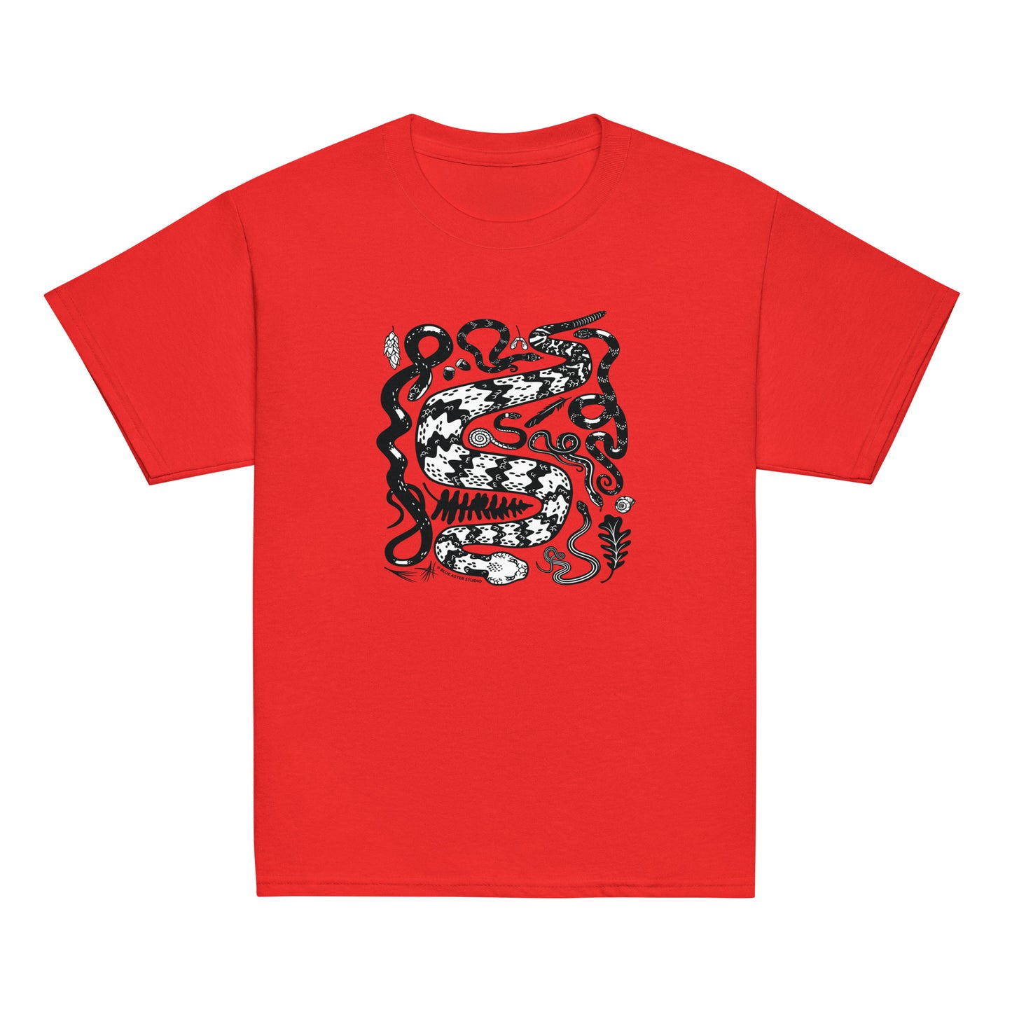 A youth sized red short-sleeved t-shirt with seven snakes printed on the front in black and white.