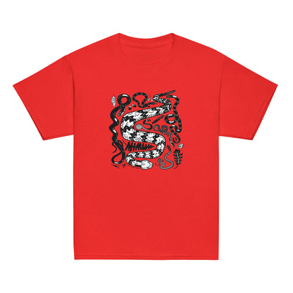 A youth sized red short-sleeved t-shirt with seven snakes printed on the front in black and white.