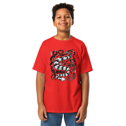 A young tween boy wearing a red seven snakes shirt.
