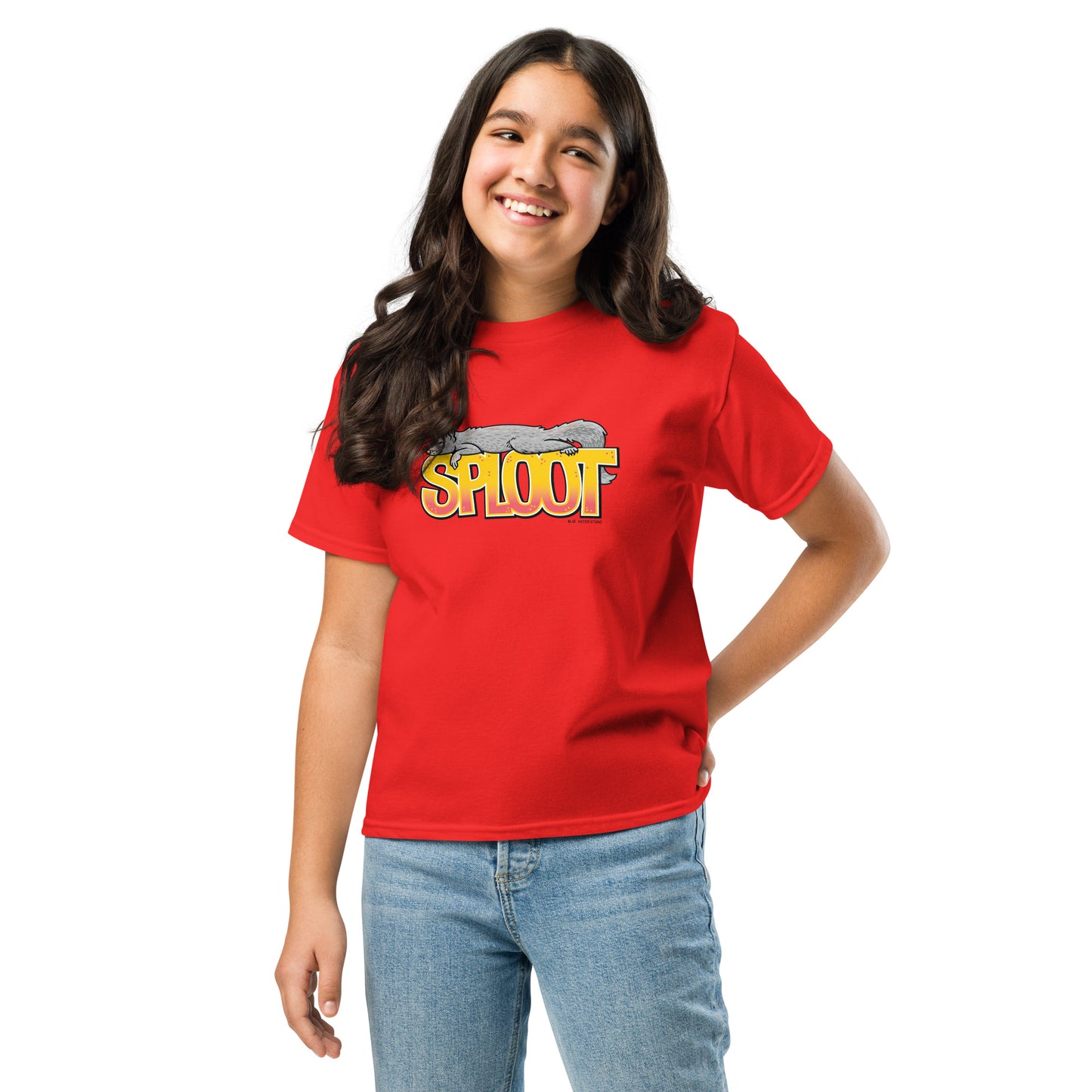 A tween wearing the sploot squirrel t-shirt in red.