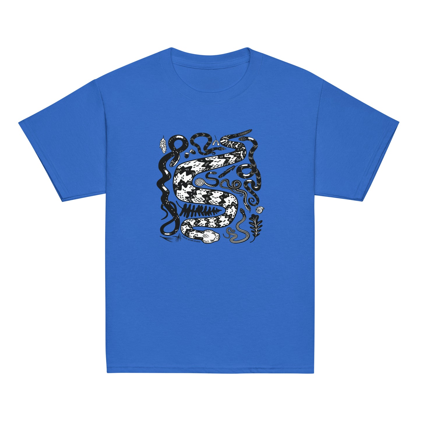 A youth sized royal blue short-sleeved t-shirt with seven snakes printed on the front in black and white.